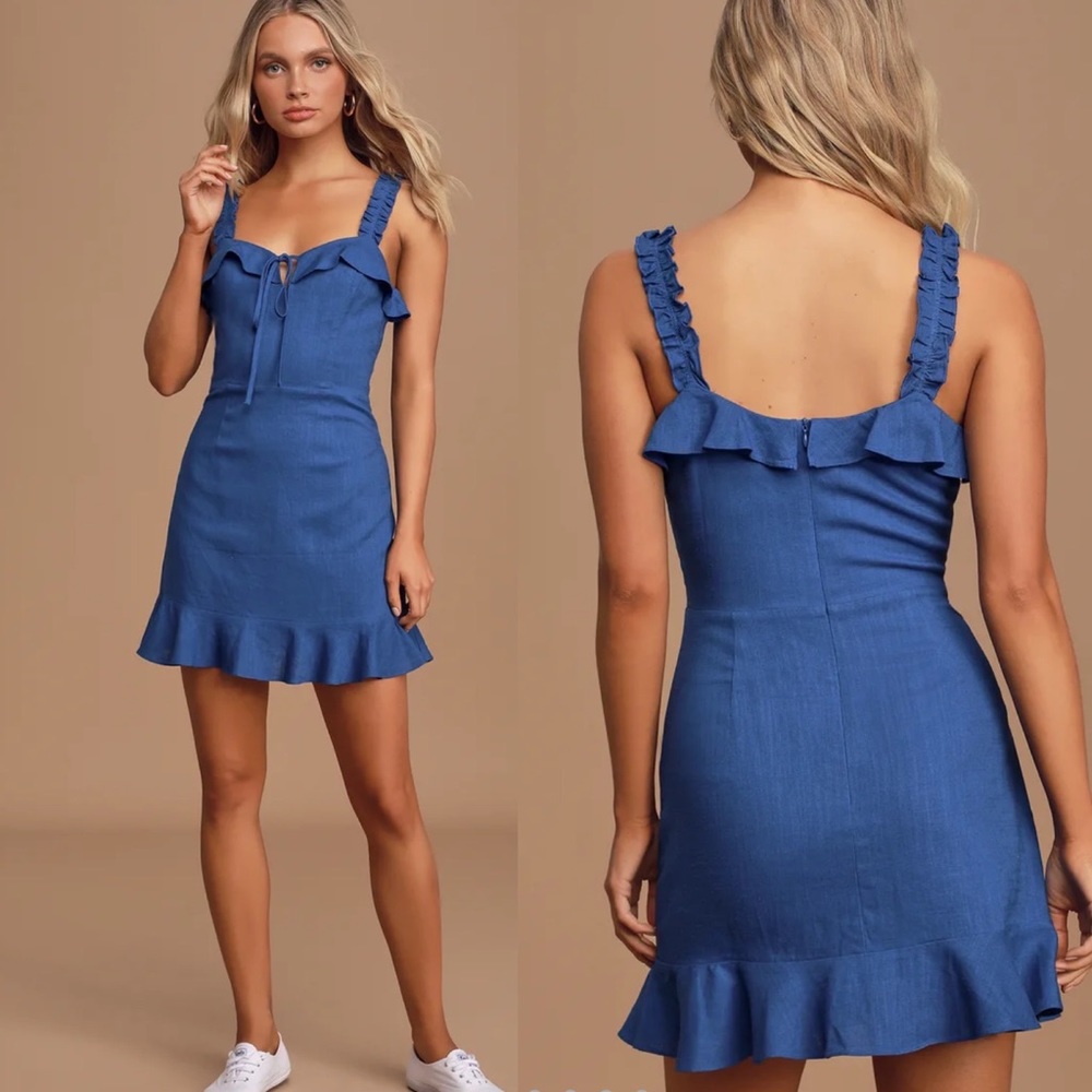 Lulus Day’s Like This Blue Linen Blend Ruffle Sleeve Dress
